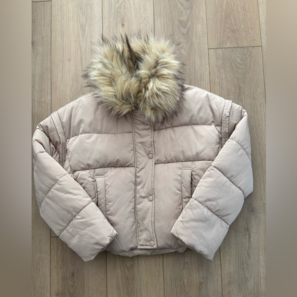 Missguided Tan Puffer Coat With Faux Fur Hood Size 8 Petite